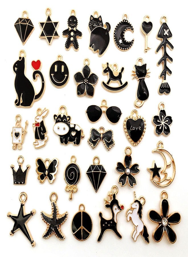 TecoKart Charms for Bracelet Making - Gingerbread Man, Cat, Deer, Heart, Diamond, Cow - Black Pendants for Jewellery Making - 30 PCS DIY Kit - Image 1